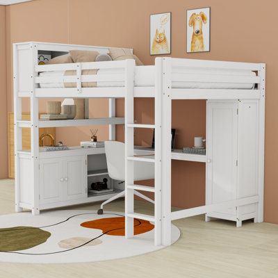 Grand lit mezzanine en bois avec garde-robe, bureau et tablettes