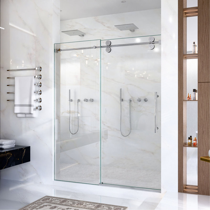 Porte de douche coulissante simple sans cadre l 44 à 48 po x H 76 po - Verre trempé transparent de 5/16 po (8 mm), conception à dérivation