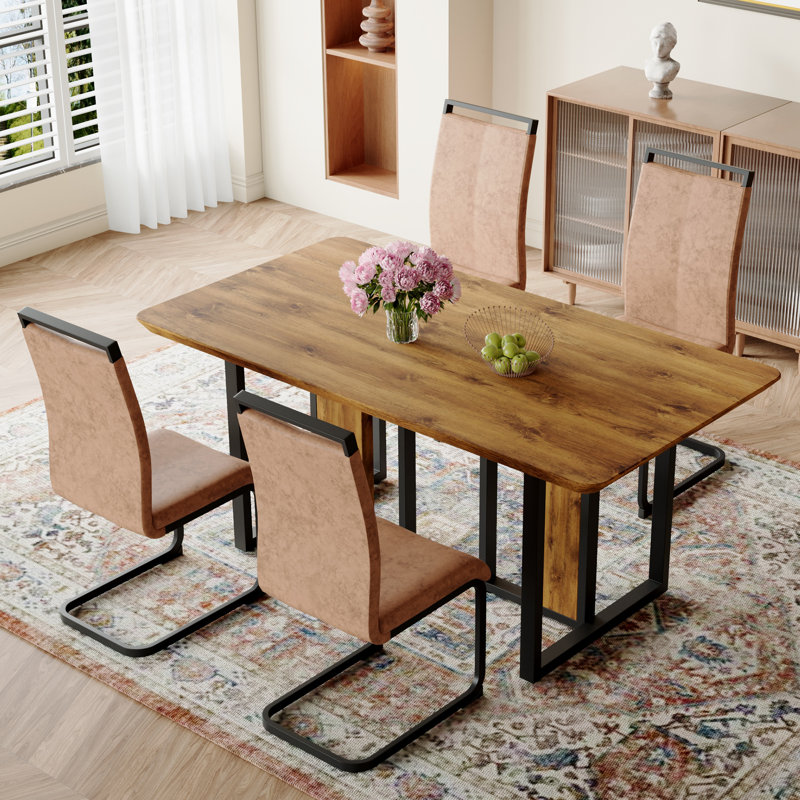 CasaMod Modern Wood Rectangular Dining Set with Channel-Tufted Cantilever Chairs