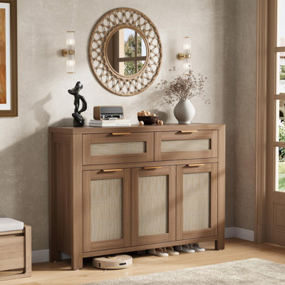 Buffet en rotin avec 3 portes et 2 tiroirs, armoire Boho avec tablette réglable pour la cuisine, la salle à manger, le vestibule, le salon