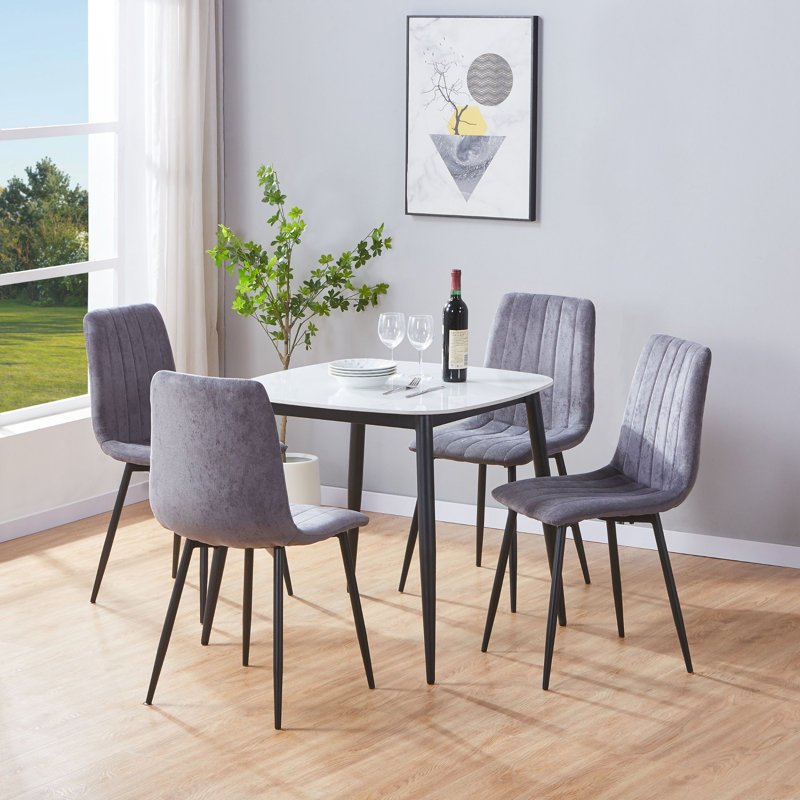 Aspen Sintered Stone Square Table with 4 Straight Stitch Upholstered Fabric Chairs - Modern Dining Set, Grey