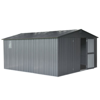 11'X12.5' Metal Storage Shed For Patio, Galvanized Steel, Windows, Lock, Dark Gray Garden With Steel Frame, Lock Door,