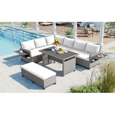 5-Piece Outdoor Patio Rattan Sofa Set, Sectional PE Wicker L-Shaped Garden Furniture Set With 2 Extendable Side Tables, Dining Table And Washable Cove -  Red Barrel Studio®, 021B0514D4CF4FEDB258DBCF772E762F