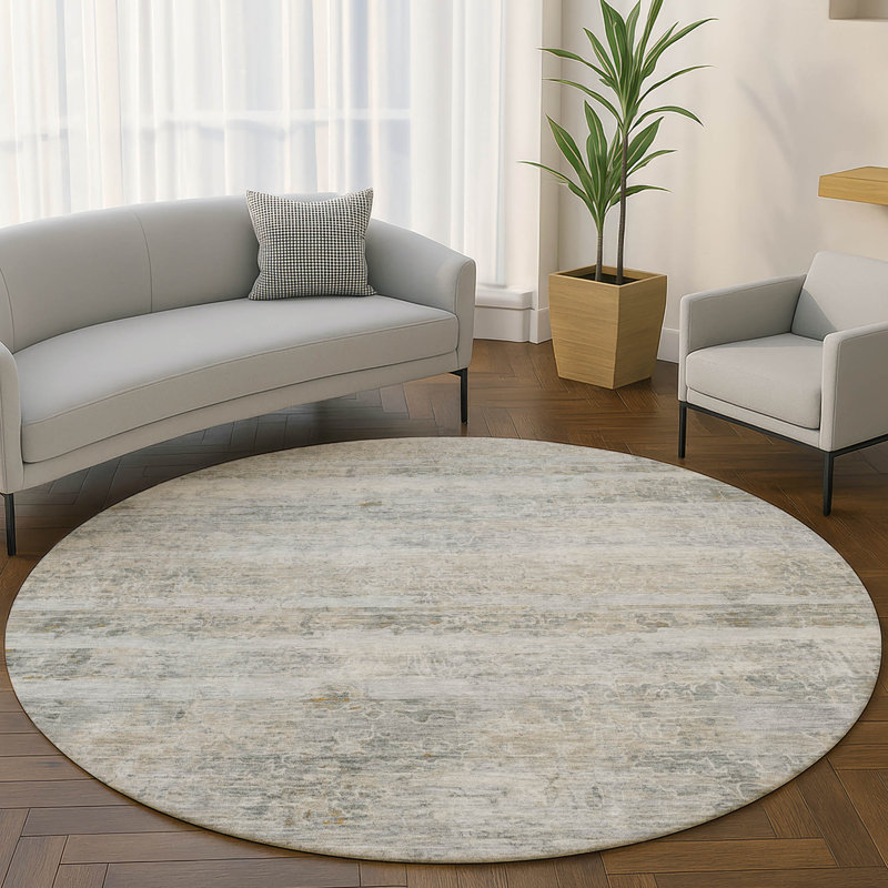 Premium Machine Washable Mayfield AMF2154 Striped Rug, Granite, Round 8'