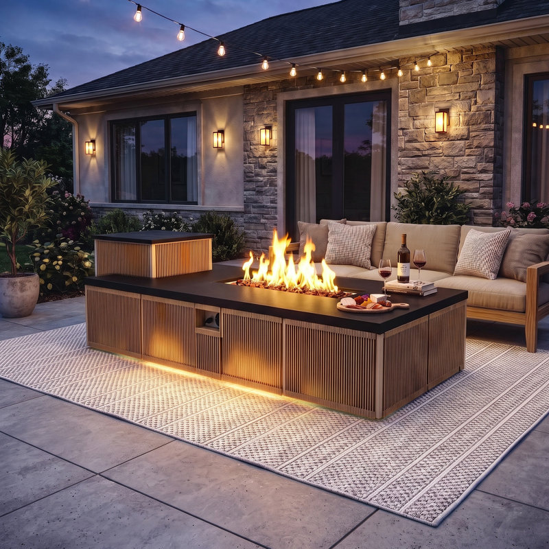 Table de foyer d'extérieur moderne au propane de 63,8 po avec 50 000 BTU et éclairage DEL