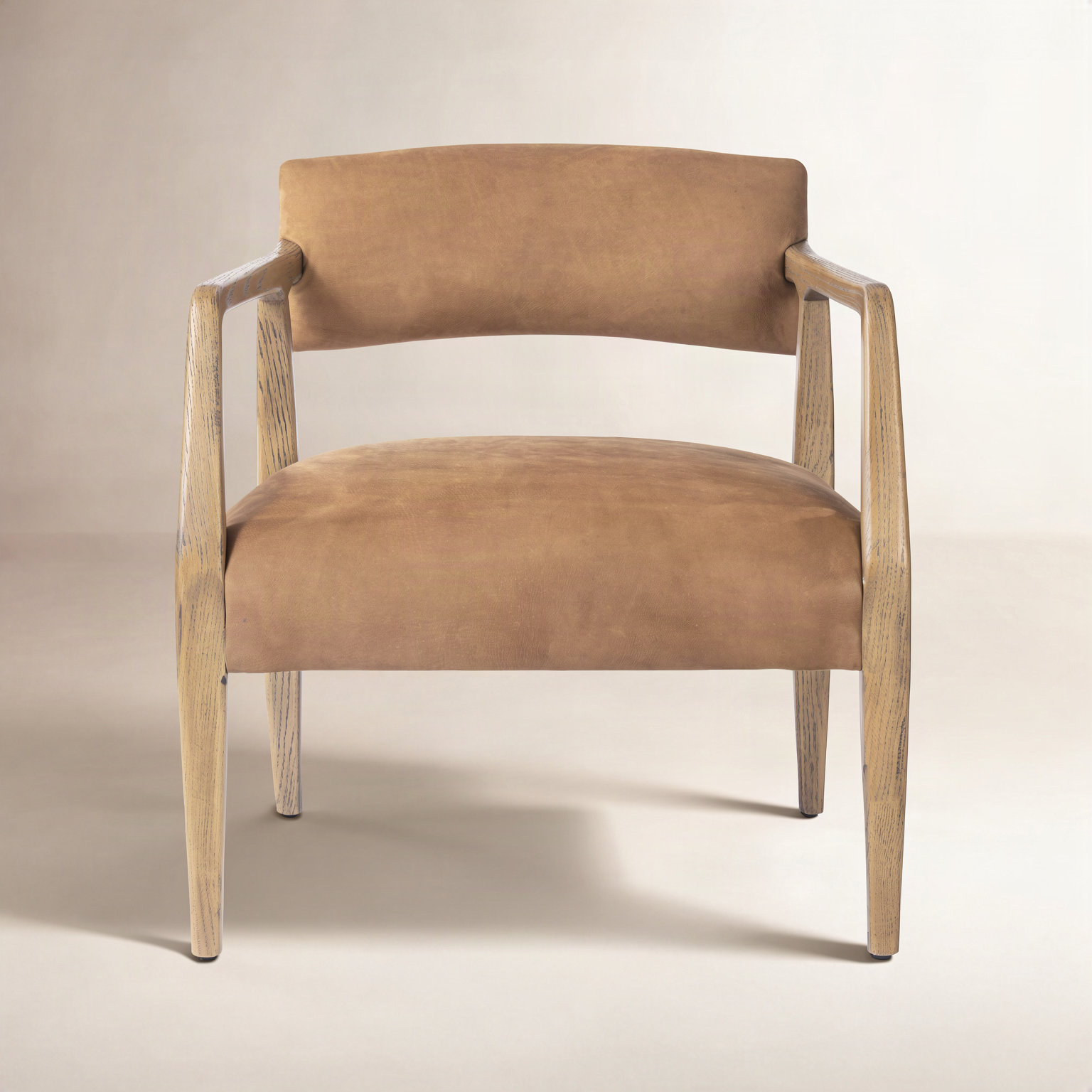 Berthe Oak Genuine Leather Armchair, Nubuck Cognac Genuine Leather