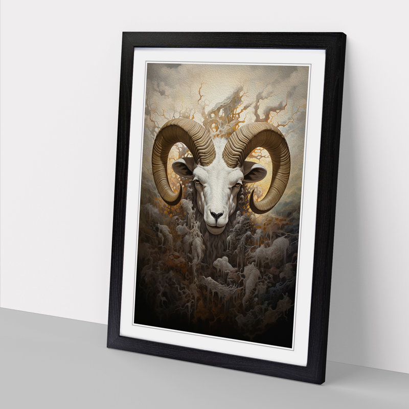 Ram Sheep Symbolism - Single Picture Frame Print on Wood, 34cm H x 25cm W x 2cm D, Black Framed
