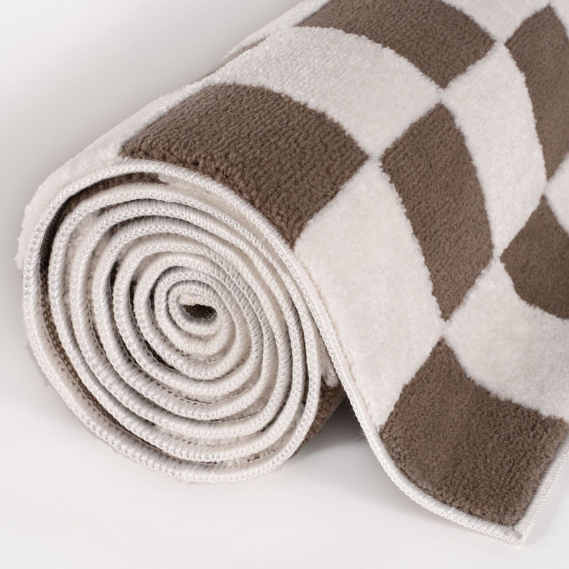Loft Modern Checkerboard Living Room Area Rug and Runner Soft Pile, Rectangle 240 x 340 cm, Brown/Ivory