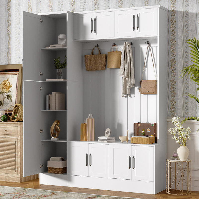 59" Wide Entry Hall Tree With 6 Cabinets And Adjustable Shelves, White