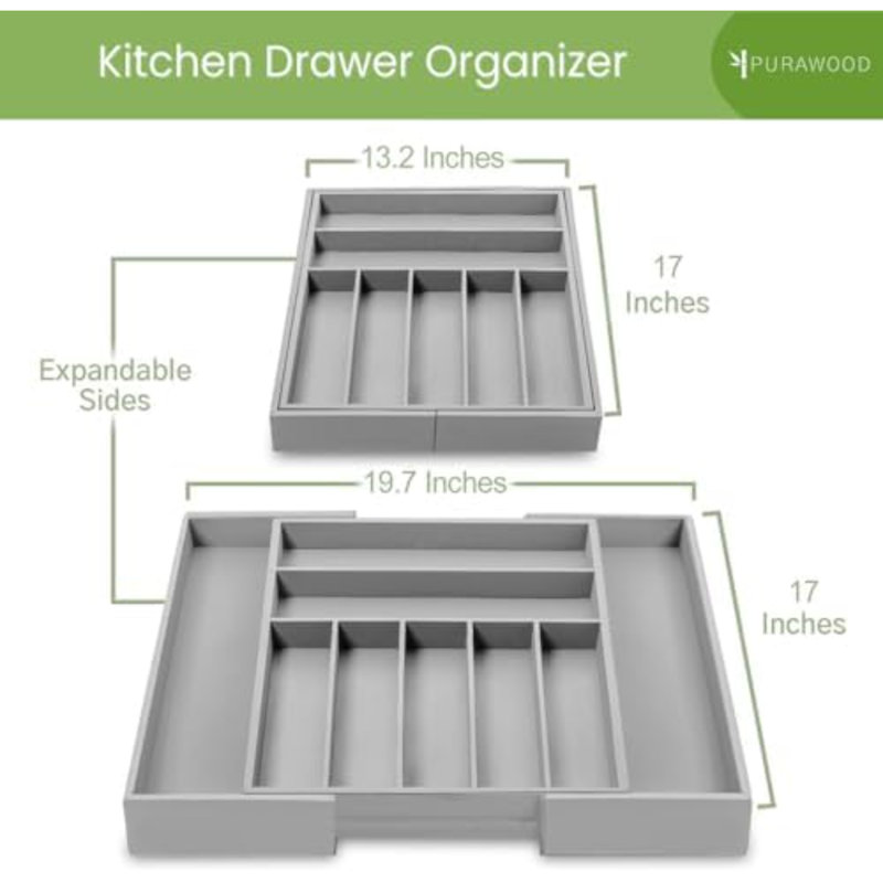 Organisateur de tiroir en bambou - Organisateur à ustensiles extensible et organisateur d'ustensiles, plateau à couverts avec séparateurs, 7 à 9 fentes - Organisateur de tiroir de cuisine de qualité supérieure pour ustensiles et couverts (gris)