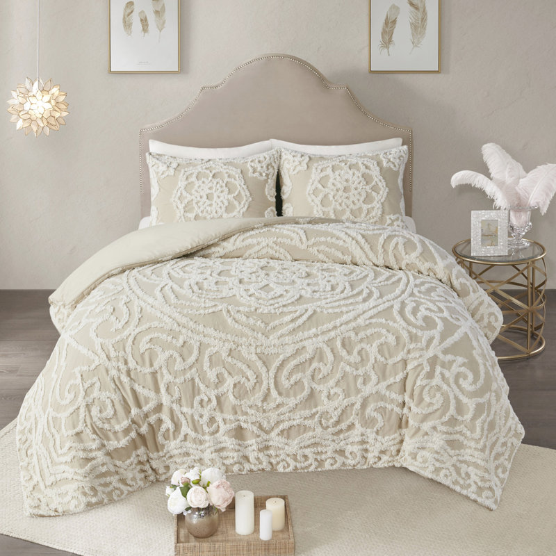   Housse de couette en coton très grand - taupe 100% pour le confort. Ornement en médaillon. 2 taies décoratives. . Taupe de luxe facile à nettoyer 3 pièces. Sommeil relaxant. Ornement en chenille. Literie assortie lavable