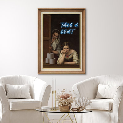 Take a Seat Funny Toilet Paper Classic Painting Parody Picture, Vintage-Inspired Bathroom Humor Framed Canvas Wall Art Print for Guest Bathroom or Powder Room Decor