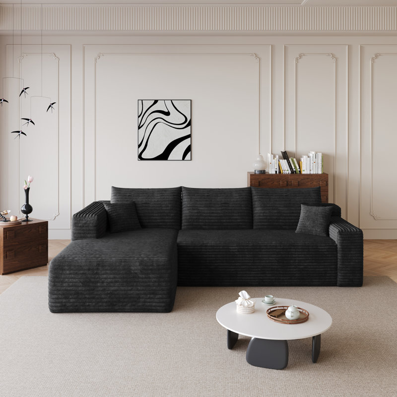 Canapé modulaire en L 94 po avec chaise longue réversible en velours côtelé 94 po, sans assemblage, Velours côtelé noir