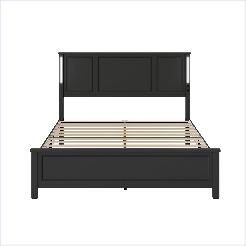 Base de lit grand, cadre de lit plateforme avec tête et pied de lit en bois, station de charge et lumières DEL