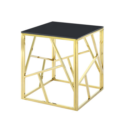 20 Inch Modern Glass End Table With Geometric Metal Frame, Accent Table Nightstand Furniture Corner Table For Living Room,Home Office,Bedroom - Gold
