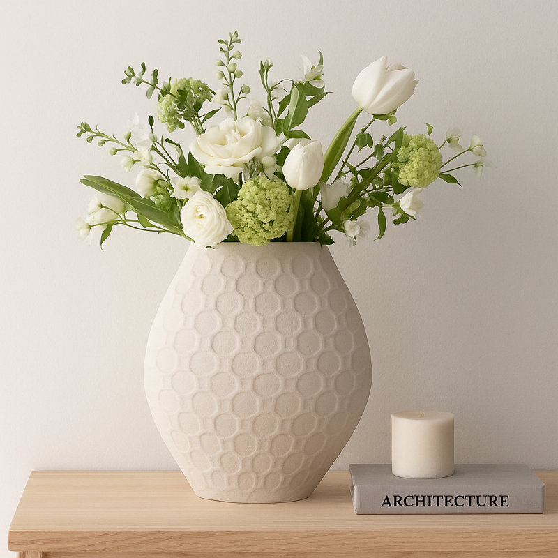 Vase en porcelaine à nervures sculpté en grès pour îlot de cuisine - Design d'intérieur pour la table de table - Ivoire et brun clair