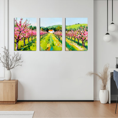 «Cherry Blossom Orchard», peinture à l'huile sur toile, impression de paysage (ensemble de 3)