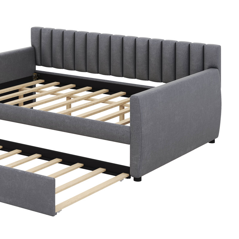 Full-Sized Fabric Daybed Featuring A Built-In Roll-Out Trundle, Gray