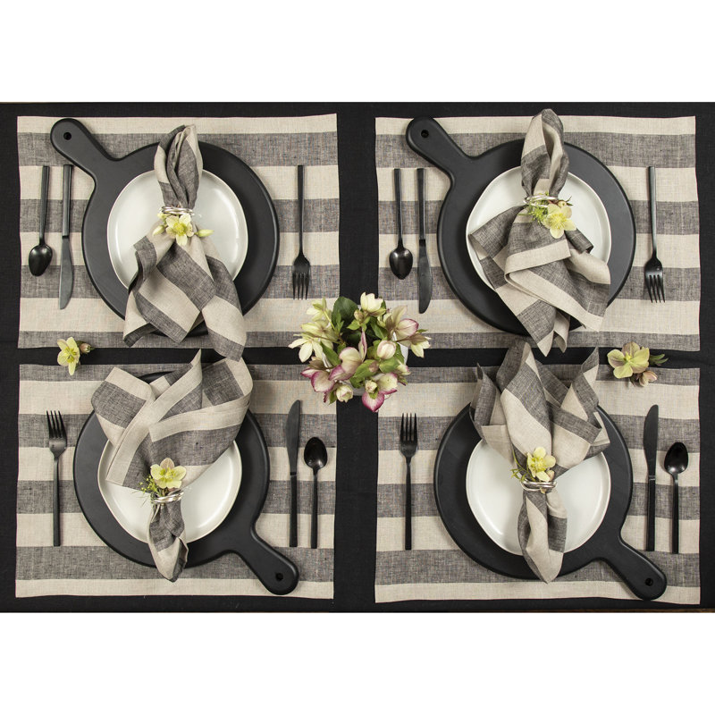 Cabana Stripe - 100% Pure Linen Dinner Napkins, Black/Natural