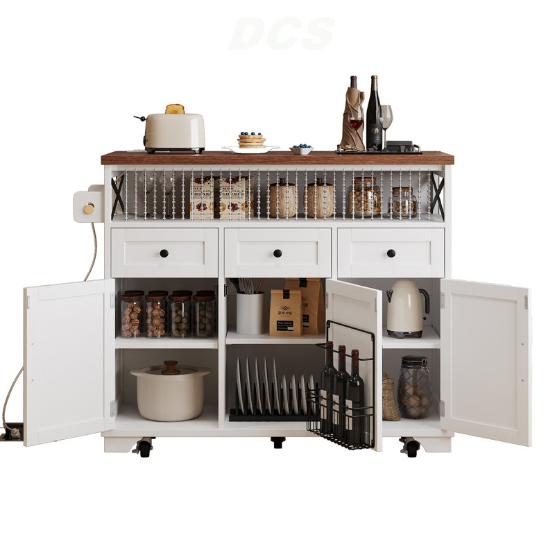 46.5'' Farmhouse Kitchen Island With Drape Of Beads, Power Outlet, Rolling Kitchen Cart On Wheels With Drop Leaf, 3 Doors , 3 Drawers And Internal Iron Shelf, For Kitchen, Dining Room, White, Kitchen Island