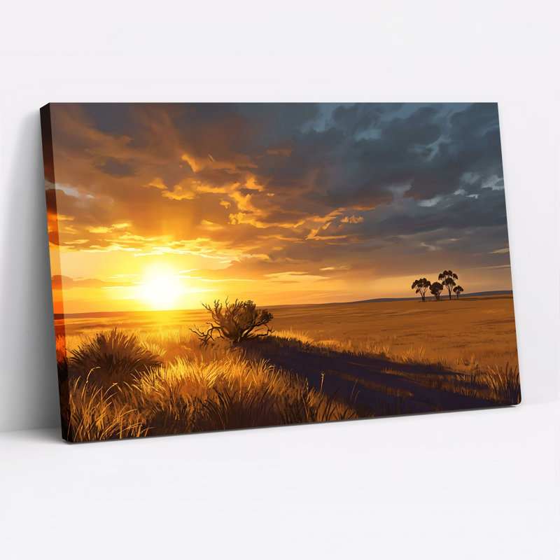 «Golden Sunset Over Grassy Plains With Silhouetted Trees», art mural sur toile, 20"H x 30"W