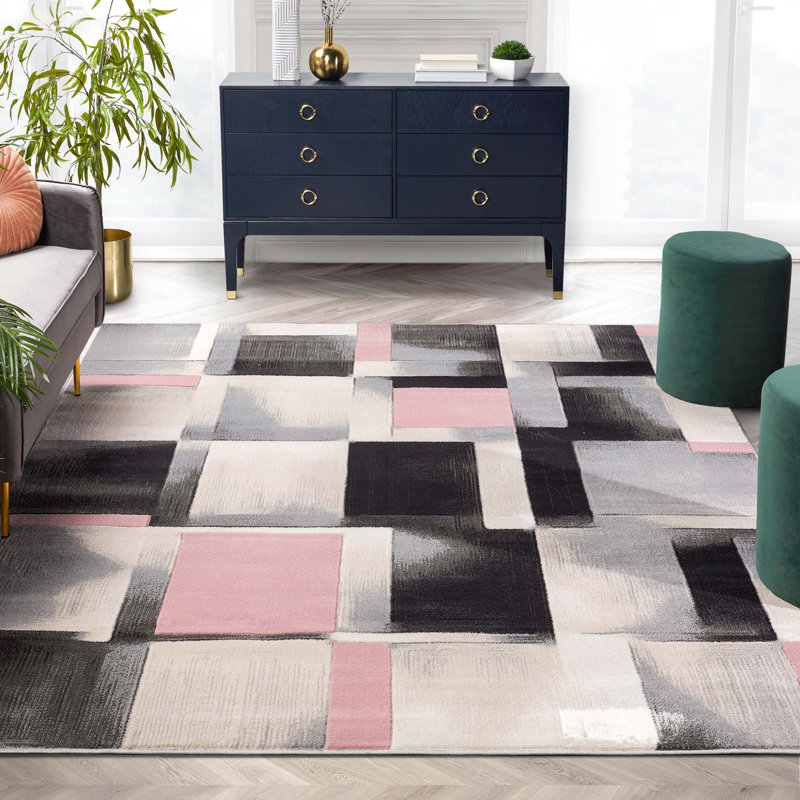 Cillan Modern Geometric Boxes 3D Textured Rug, Rectangle 9'3" x 12'6", Blush Pink
