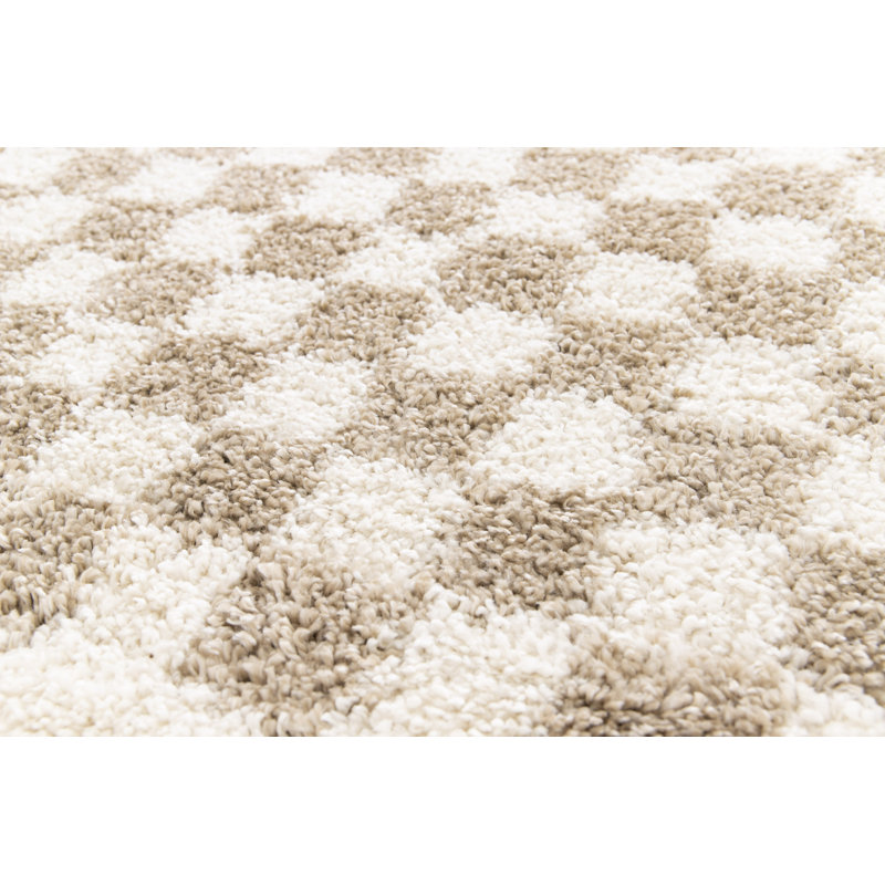 Tapscott Soft High Pile Machine Woven Chequered Beige/White Rug, Rectangle 80 x 150cm