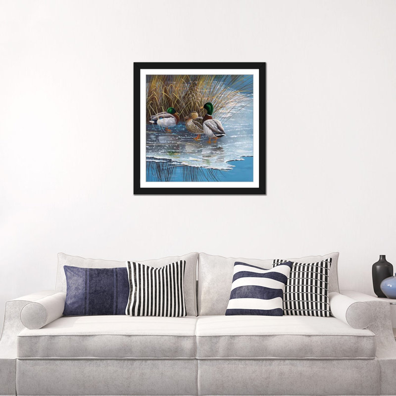 «Three Ducks on Ice», impression sur toile, Papier d'art encadré noir, Blanc, H 16 po x l 16 po x P 1 po