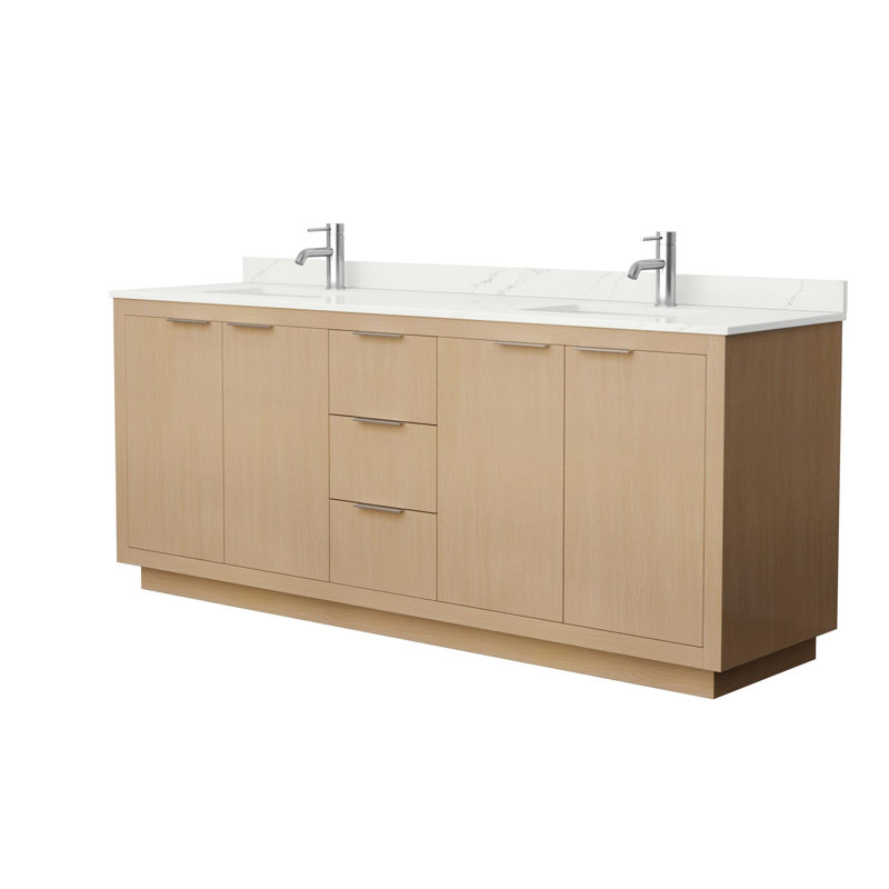 Meuble-lavabo double 80 po avec plateau en quartz Maroni, Simple, Nickel brossé, Quartz blanc