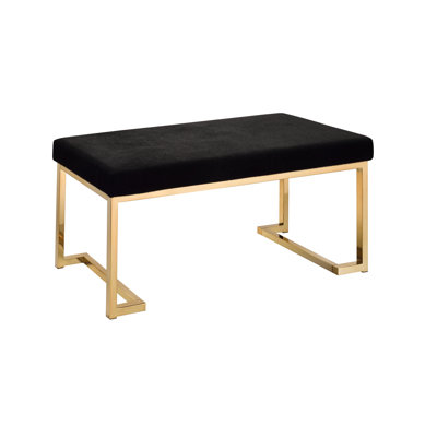 Banc confortable: fausse fourrure noire et 100%, base de finition champagne de luxe moderne. Siège sophistiqué, coussin. Conception rectangulaire sans dossier et sans accoudoirs. «C» en métal avec placage. Ajoute de l'opulence à.