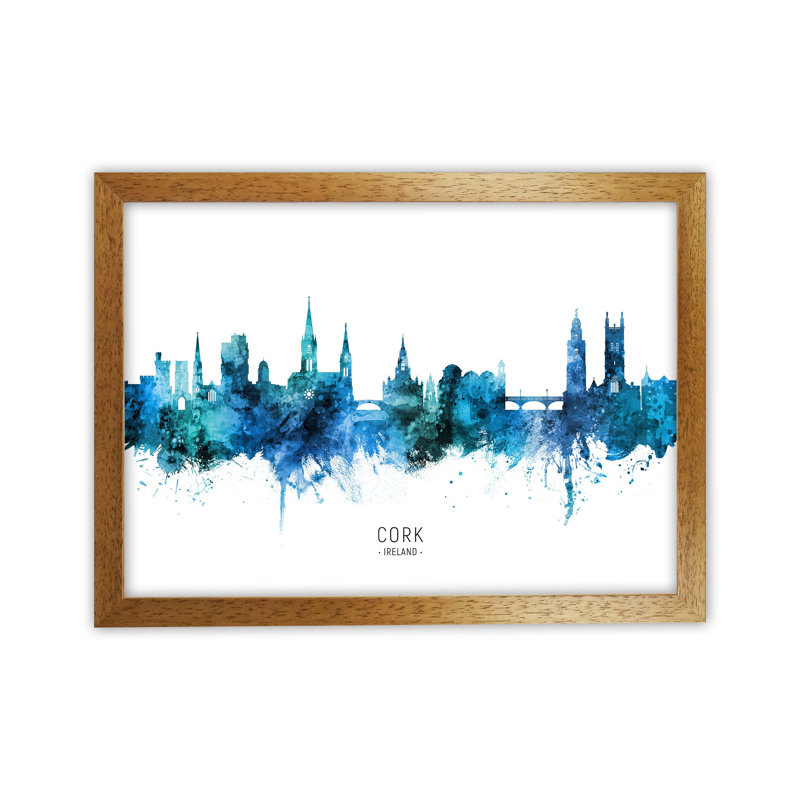 Cork Ireland Skyline Blue City Name by Michael Tompsett - Print, Oak Framed, 25cm H x 34cm W x 3cm D