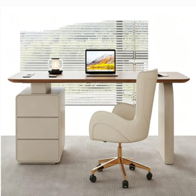 Bureau d'écriture moderne et luxueux en bois massif couleur crème, bureau minimaliste pour bureau à domicile avec petit meuble de rangement, idéal pour une salle d'étude ou un espace de consultation médico-esthétique.