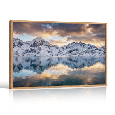 Snowy Mountain Range Reflected in Calm Water Canvas Wall Art