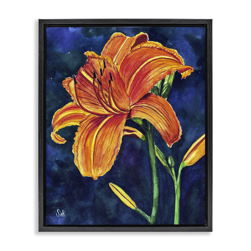 «Orange Day Lily Floater», art mural par Sarah Waldron Kimball, H 31 po x l 25 po, Cadre flottant noir de jais
