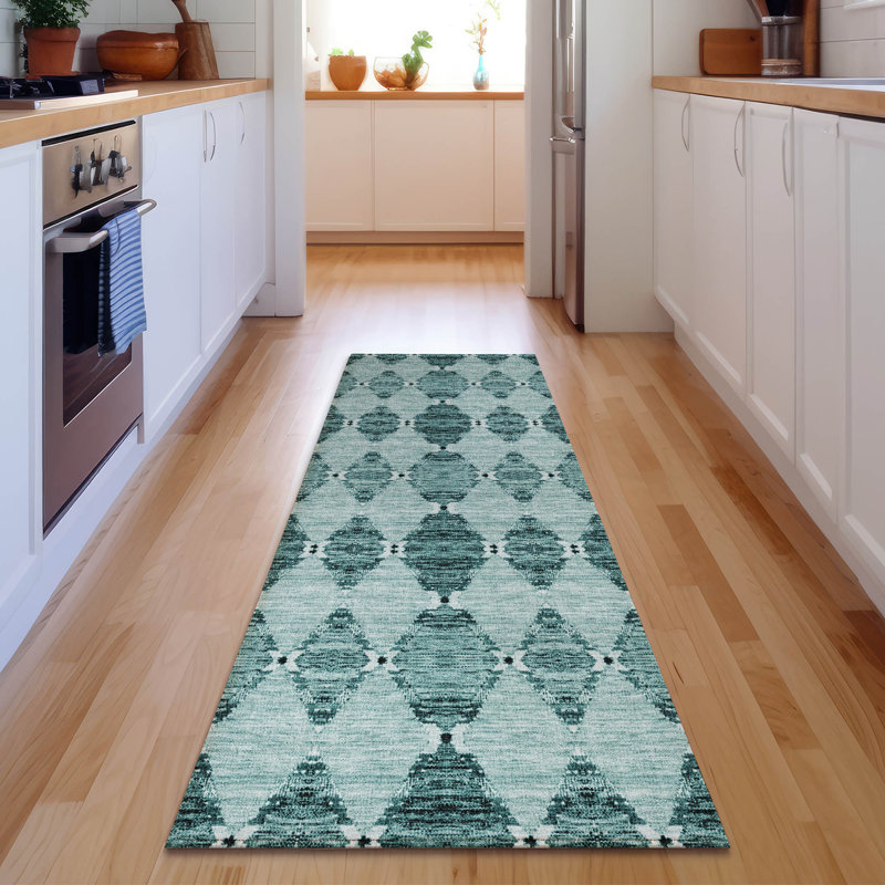 Premium Machine Washable Cerrito AMF610 Teal Rug, Runner 2'3" x 7'6"