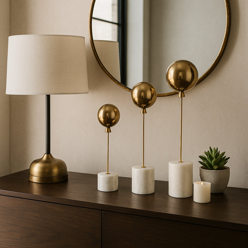 Decorative Balloon Statue Figurine with Marble Base for Home Decor – Minimalist Decorative Object for Shelf Styling and Living Room Decoration – Set of 3, 18", 15", 11", Gold & White