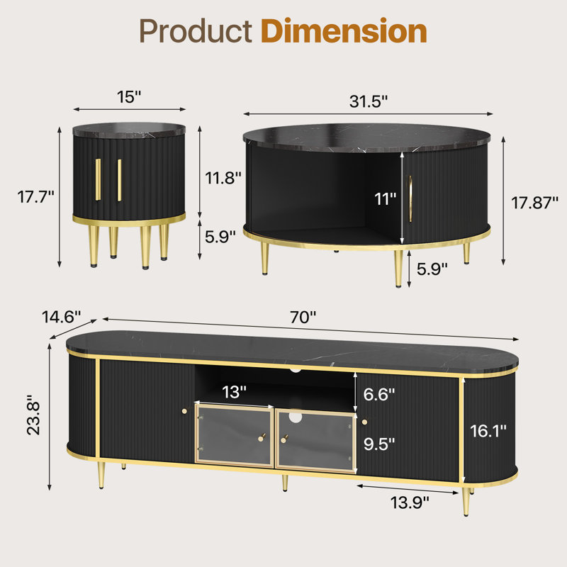 TV Stand And Coffee Table Set With Hidden Storage: Flip-Top Lid & Sliding Doors, Black/Gold