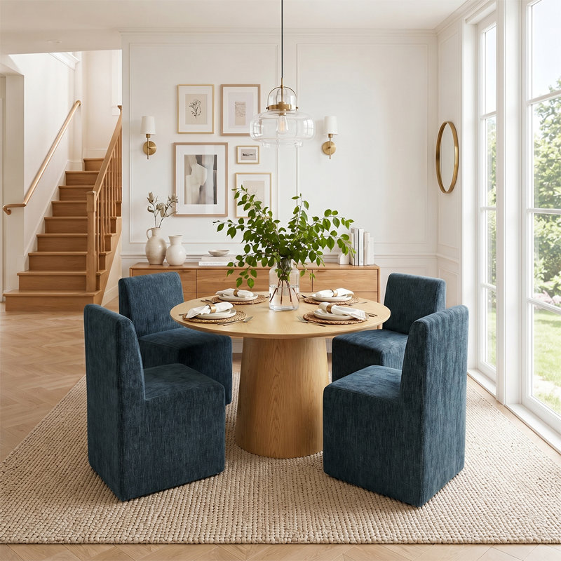 Ensemble de table ronde et de chaises de salle à manger de 42 pouces pour 4 personnes, avec des chaises de salle à manger rembourrées en chenille et à roulettes.