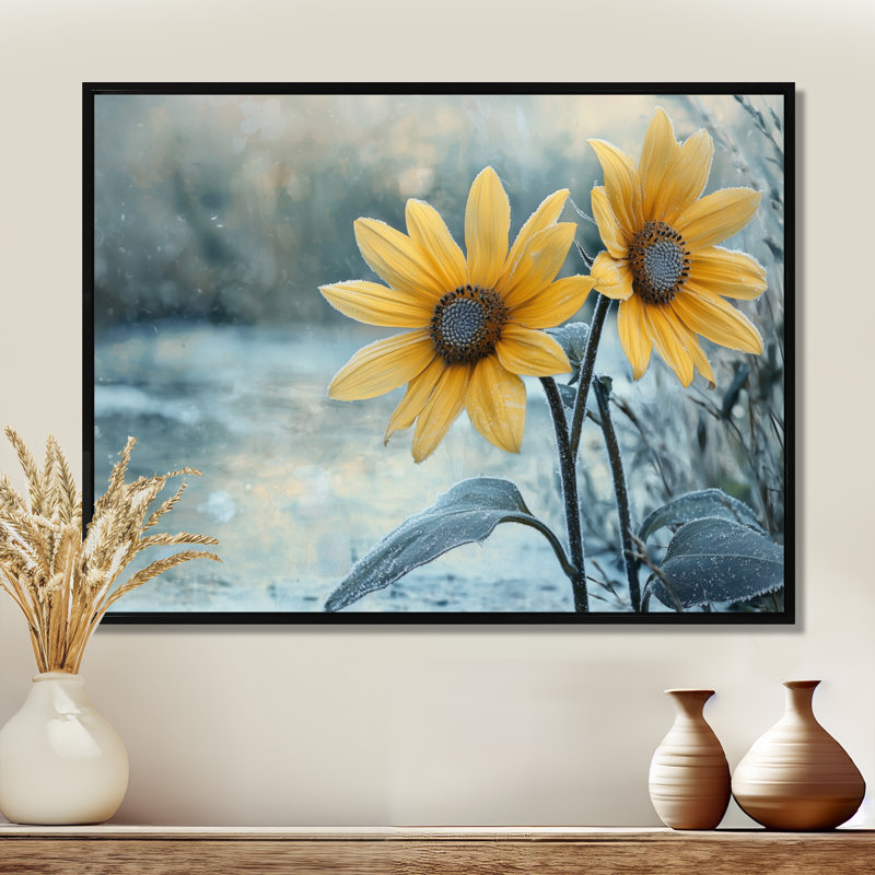 «Doneva Sunflowers By The Frozen Pond II», art mural tournesols pour le salon, H 12 po x l 20 po, Noir, noir, noir, noir