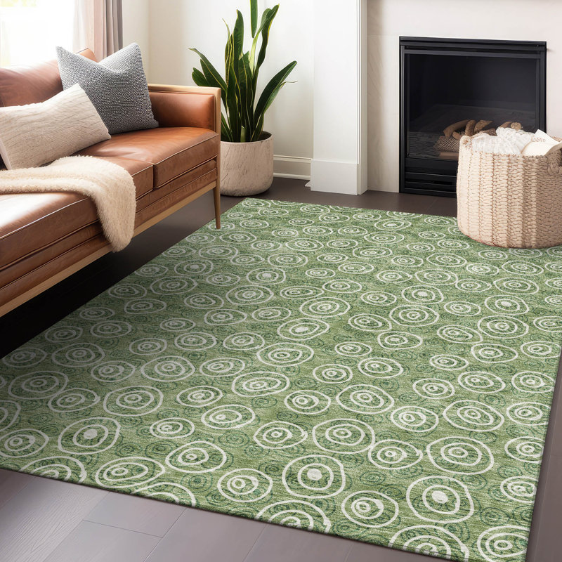 Premium Machine Washable Prisco Green Rug, Rectangle 3' x 5'