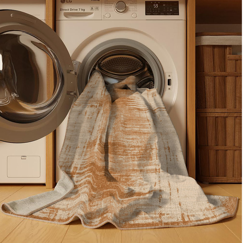 Tapis beige lavable à la machine, Rond 5 pi