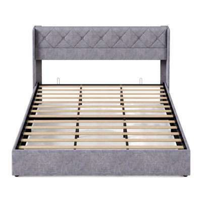 King Gray Upholstered Hydraulic Lift Storage Bed with Wingback Headboard