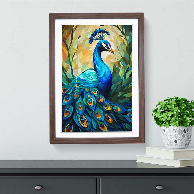 Peacock Cubism No.2 - Single Picture Frame Print on Wood, 64cm H x 46cm W x 2cm D, Walnut Framed