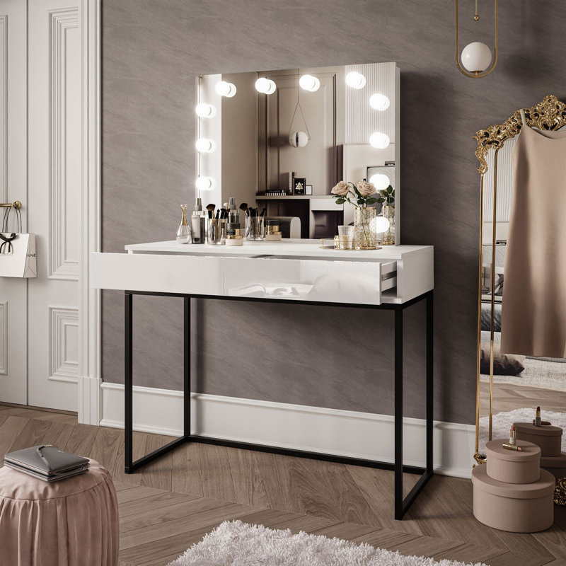 Anashima Dressing Table with Mirror, Black and white high gloss