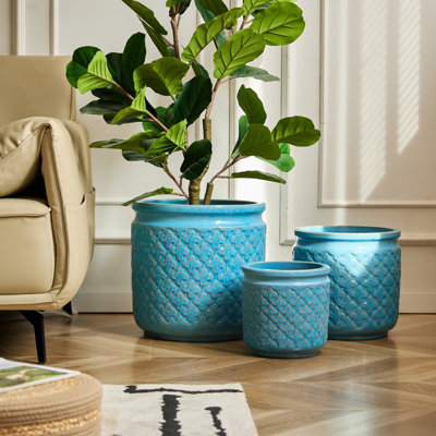 3 PCS Ceramic Planter, 9/12/15 Inch Deep Cylinder Planter with Drainage Hole, Large Plant Pots for Tree Foliage - Antique Blue