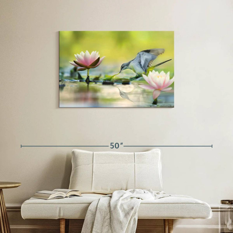 Bruyère lotus et oiseau gris, H 24 po x l 36 po