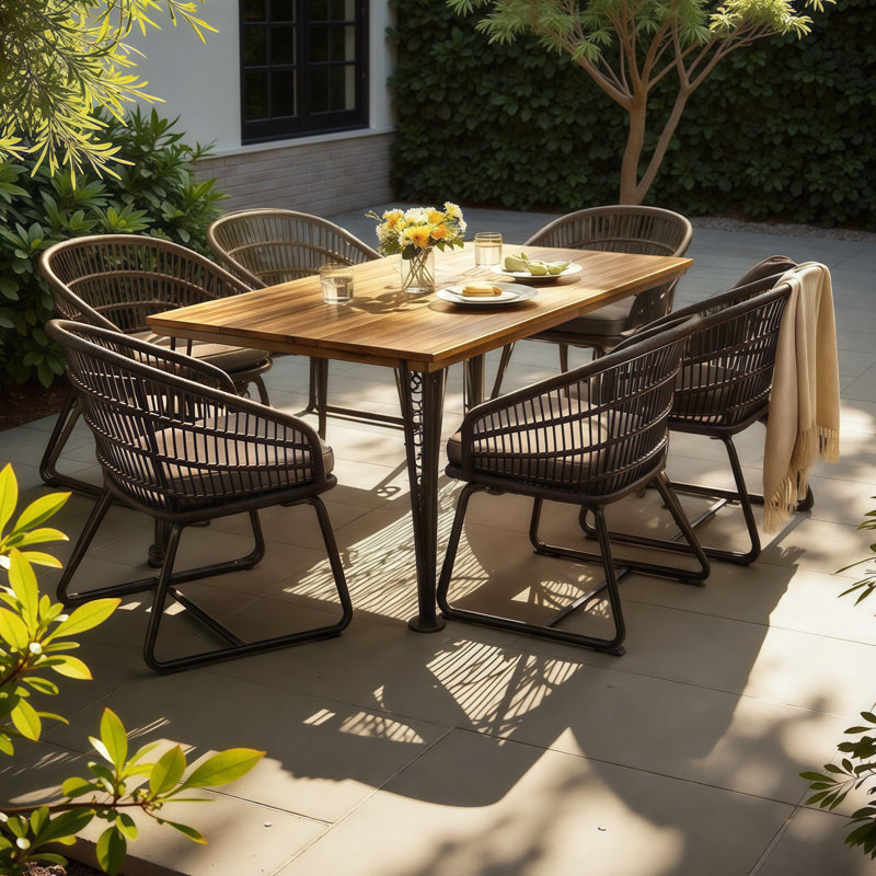Ensemble repas d'extérieur 7 pièces pour 6 personnes | Table en acacia et chaises en rotin | Ensemble de patio moderne pour recevoir dans la cour arrière