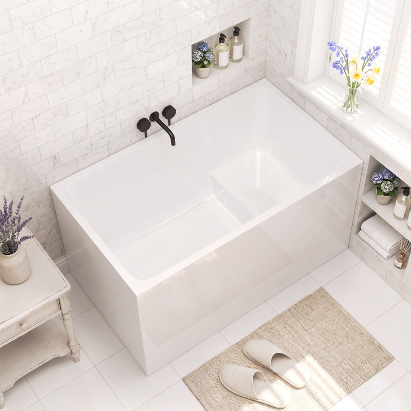 Baignoire rectangulaire autoportante contemporaine en acrylique (119 cm x 71 cm) avec siège intégré, profondeur d'immersion, bonde escamotable, trop-plein chromé, blanc brillant