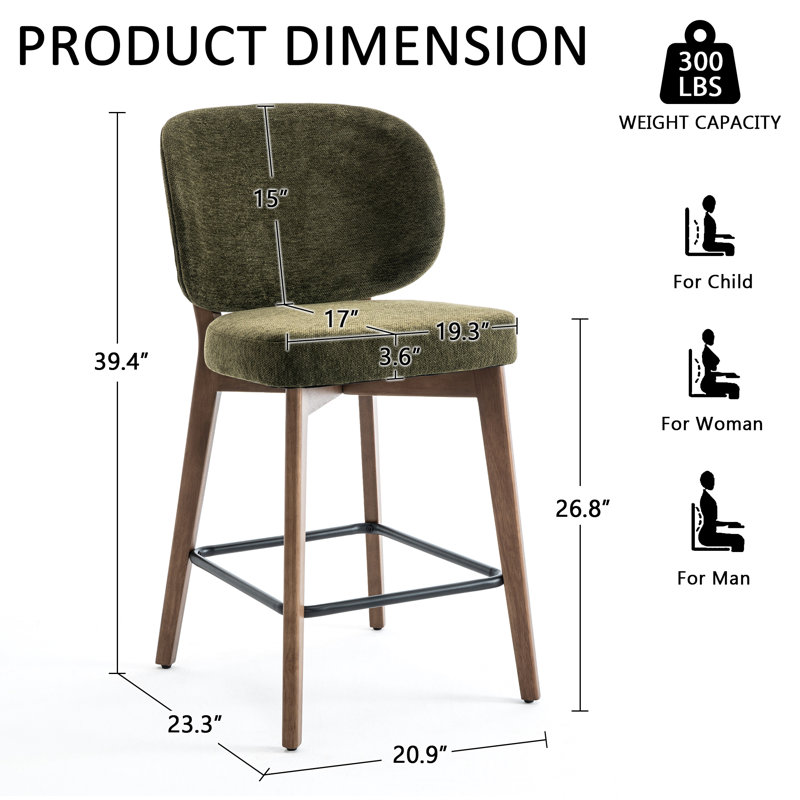 Mid-Century Modern Counter Stool, Fabric Upholstered Barstool With Wingback, Armless Counter Height Bar Stool With Wood Legs, Metal Footrest, For Kitchen Island Bar Counter