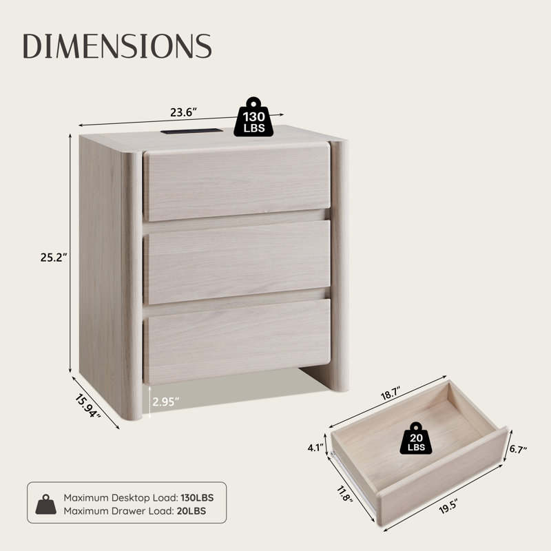 Bolanos 25" Tall Modern End Table with Charging Station & 3 Storage Drawers , Wood Side Table w/Rounded Corner Design for Bedroom